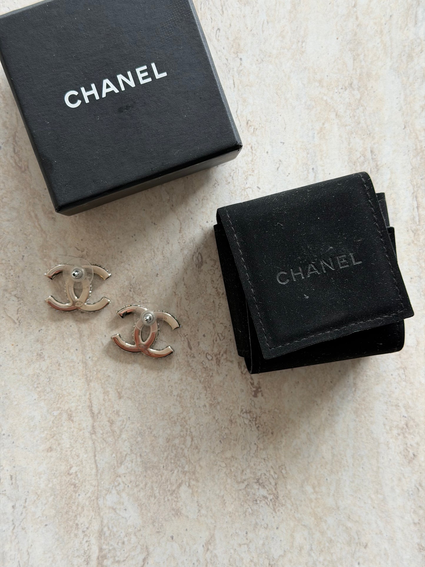 CHANEL Silver Crystal CC Earrings