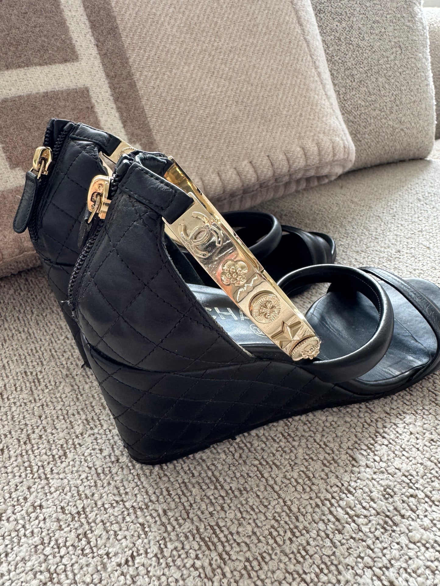 Chanel Black Quilted Bracelet Ankle Strap Wedge Sandals - 37