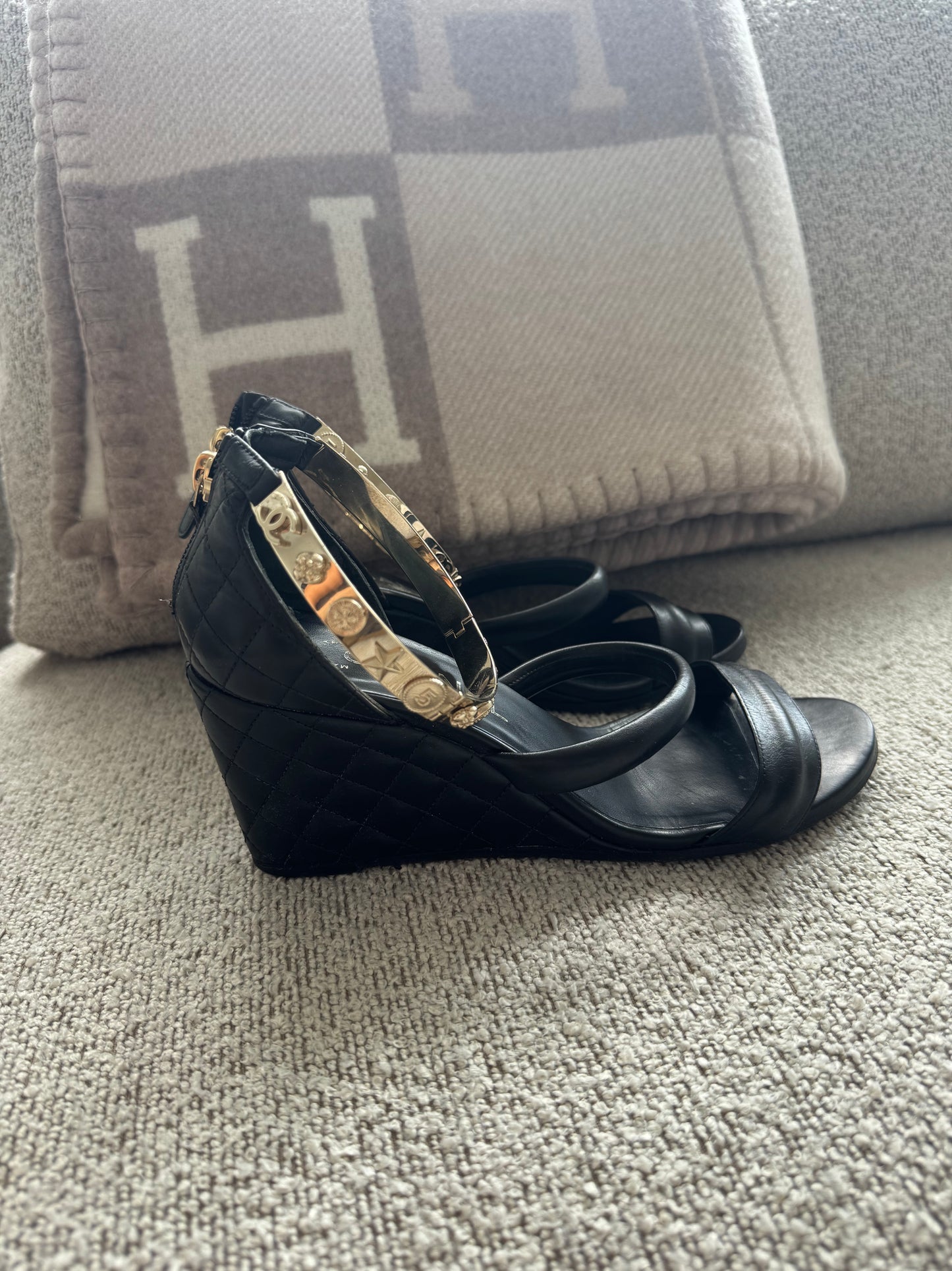 Chanel Black Quilted Bracelet Ankle Strap Wedge Sandals - 37