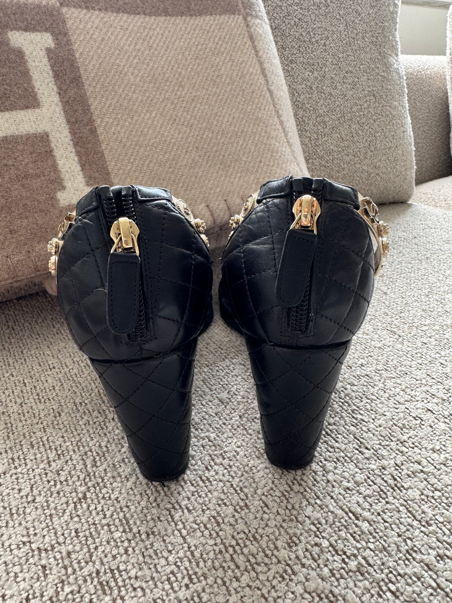 Chanel Black Quilted Bracelet Ankle Strap Wedge Sandals - 37