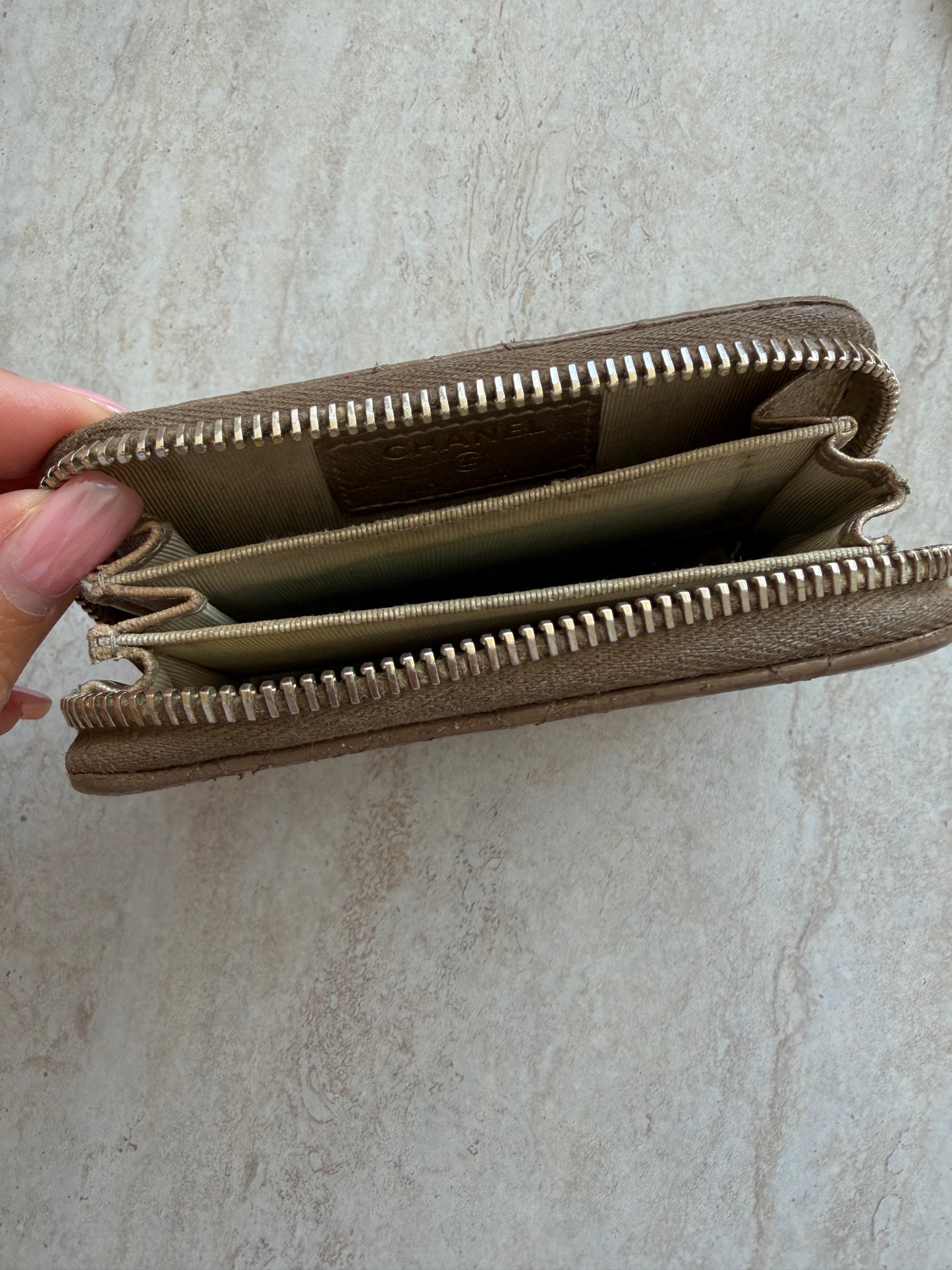 Chanel Taupe zip coin wallet