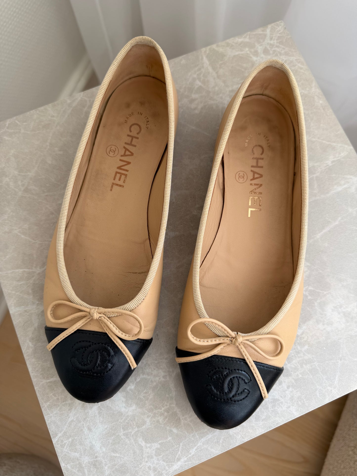 Chanel ballerina flats, beige/sort læder 36,5