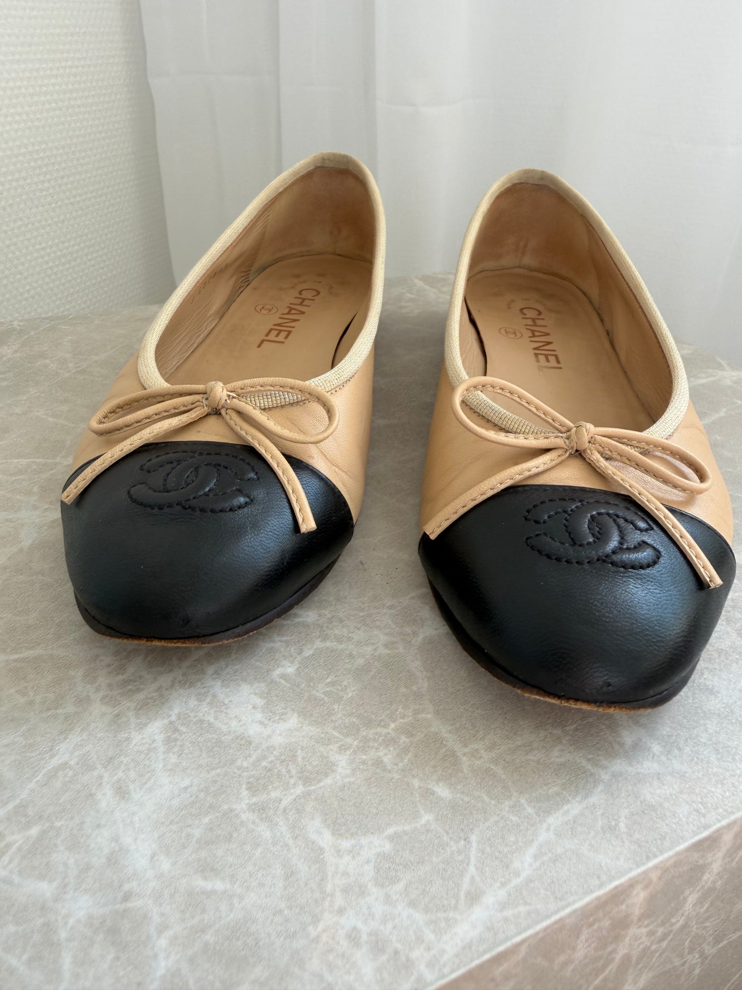 Chanel ballerina flats, beige/sort læder 36,5