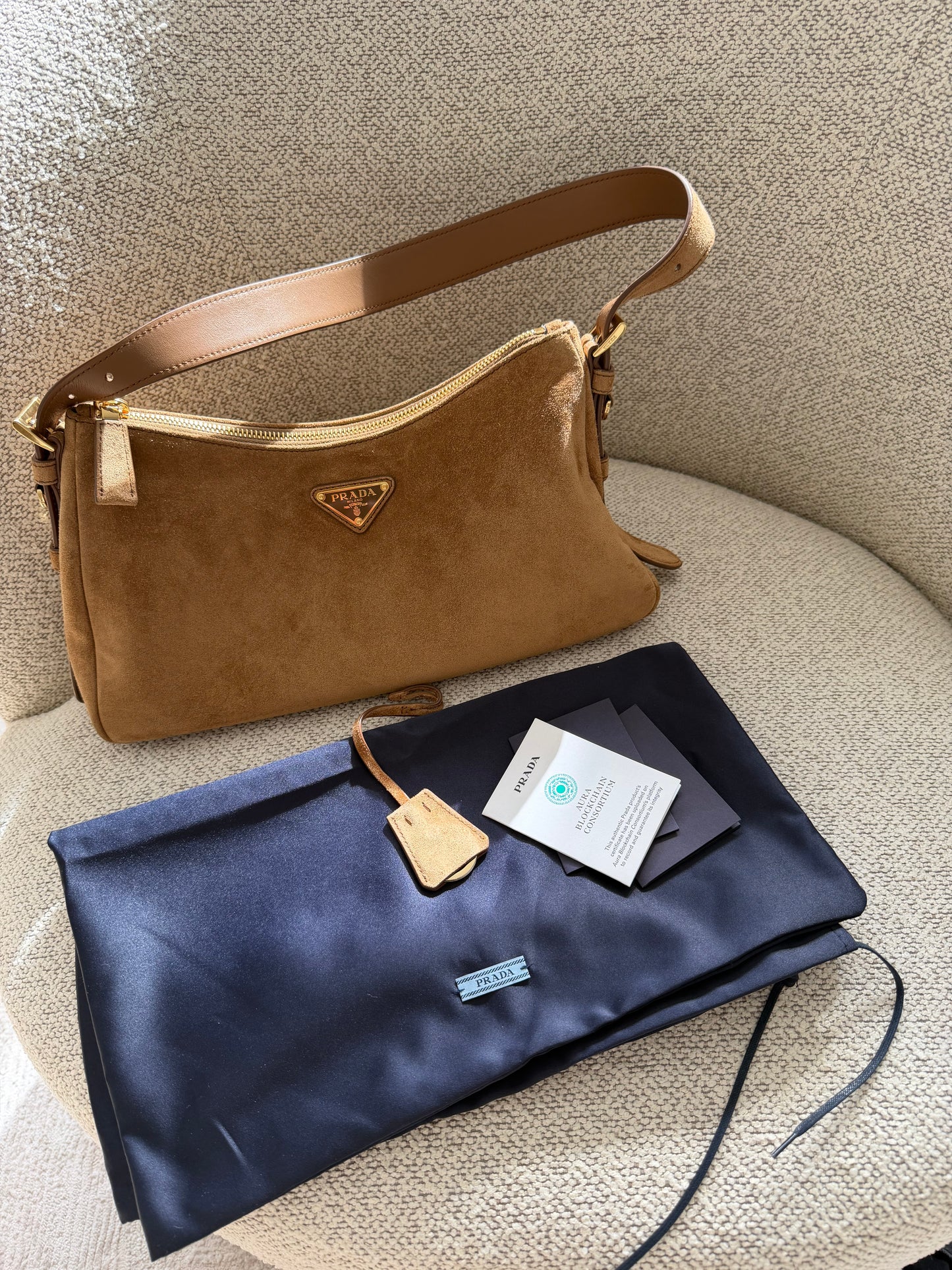 Prada Suede Shoulder Bag – Camel
