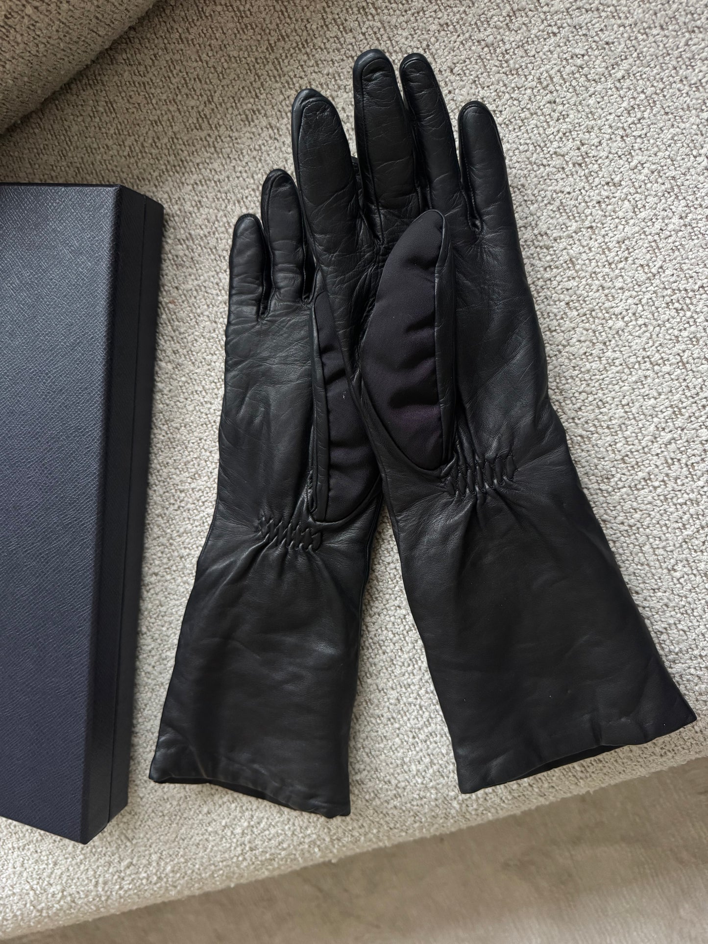 PRADA Long Nylon & Nappa Gloves – Black / Size 7½