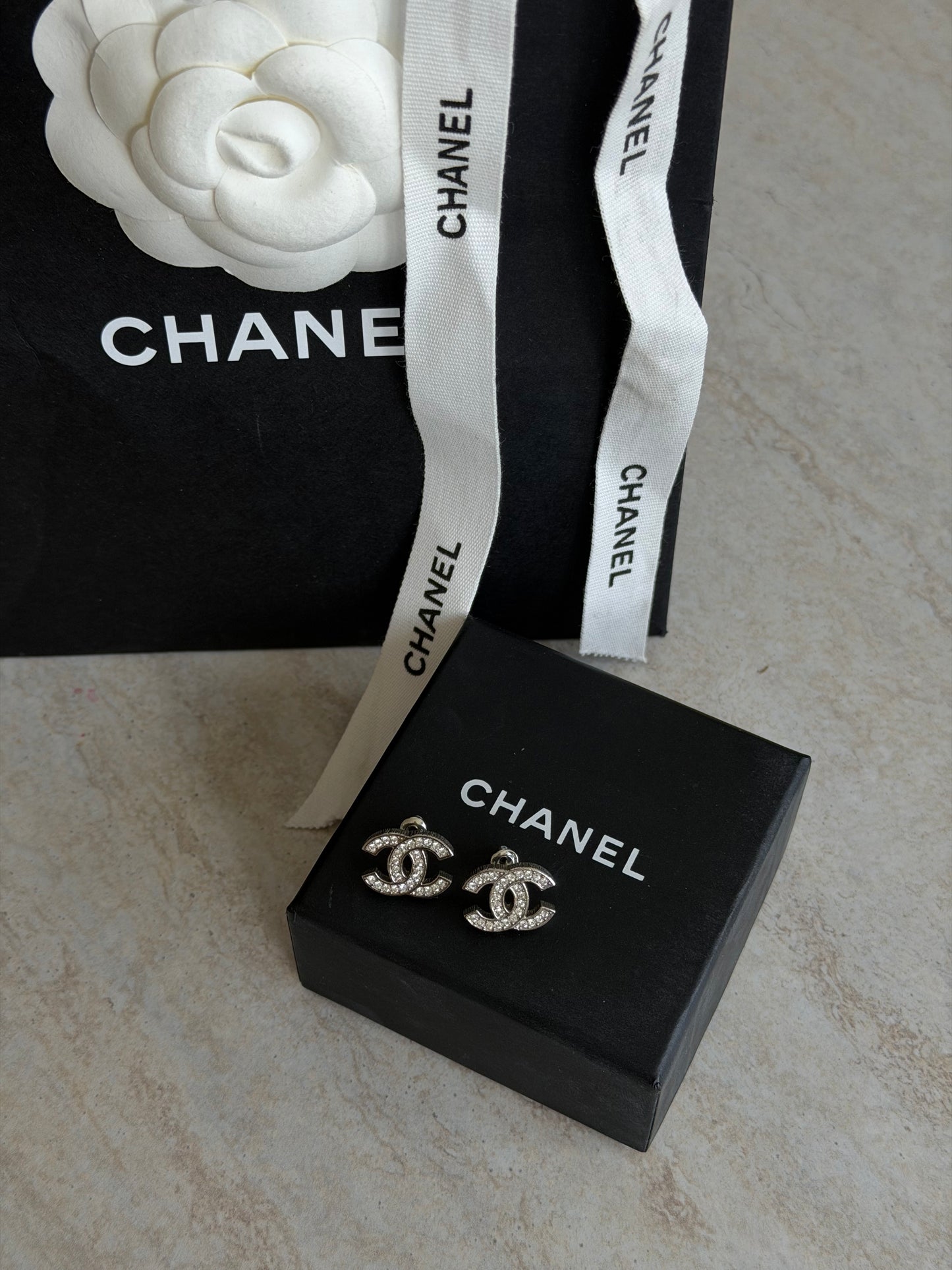 CHANEL CC Crystal Stud Earrings – Silver Tone