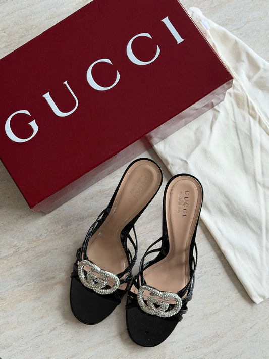 Gucci Crystal Double G Heeled Sandals – Black - 39,5