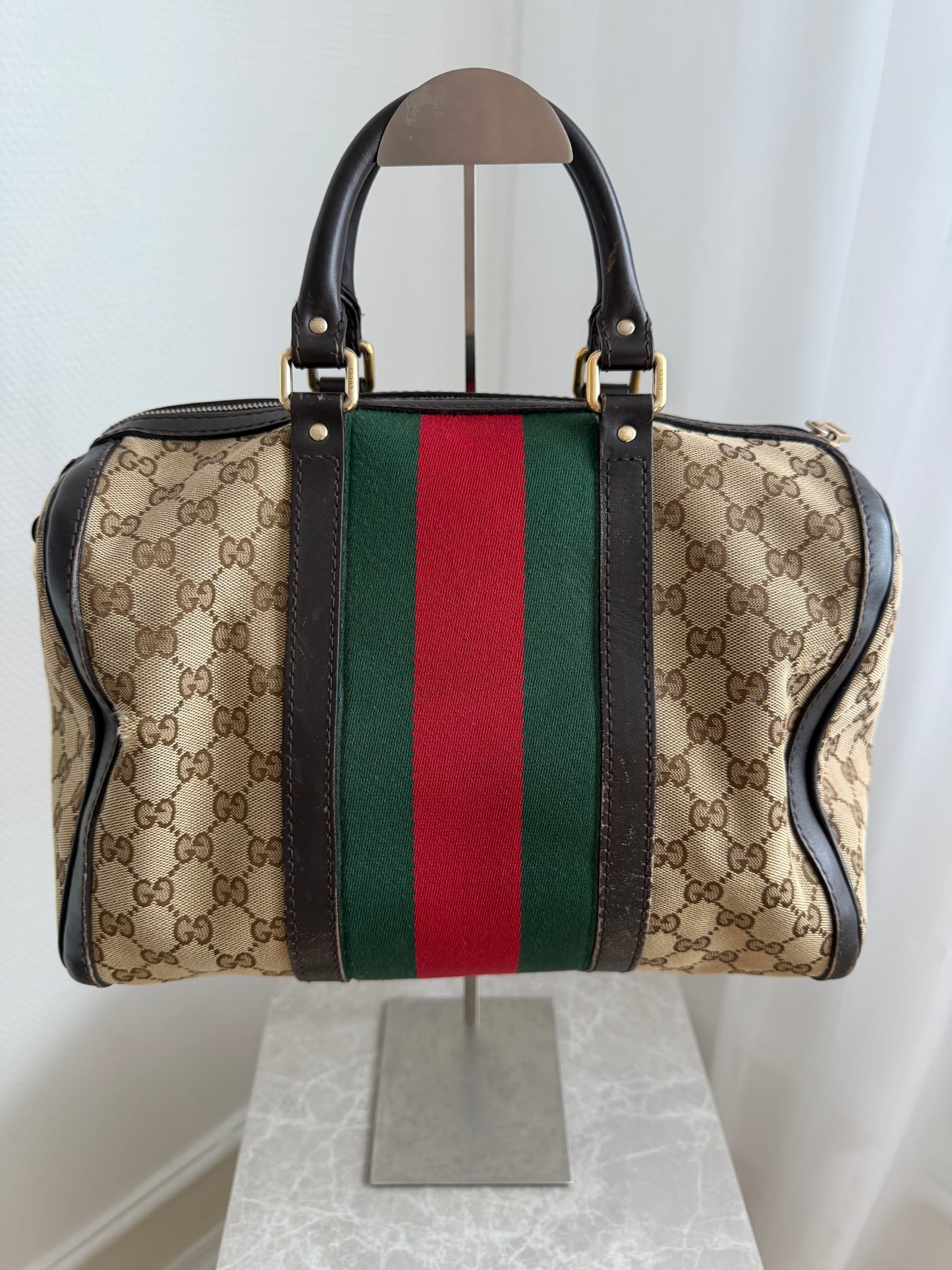 Gucci Monogram Boston – GG Canvas med Web Stripe