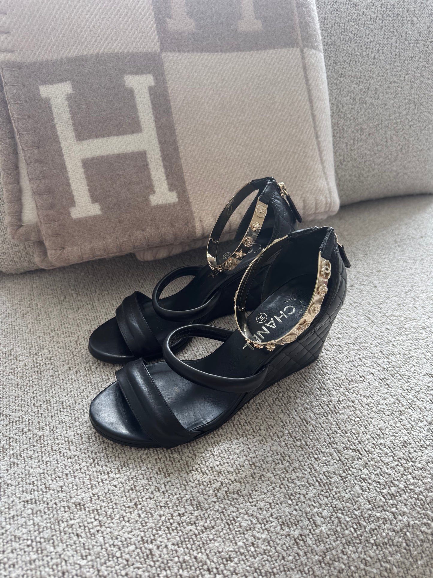 Chanel Black Quilted Bracelet Ankle Strap Wedge Sandals - 37