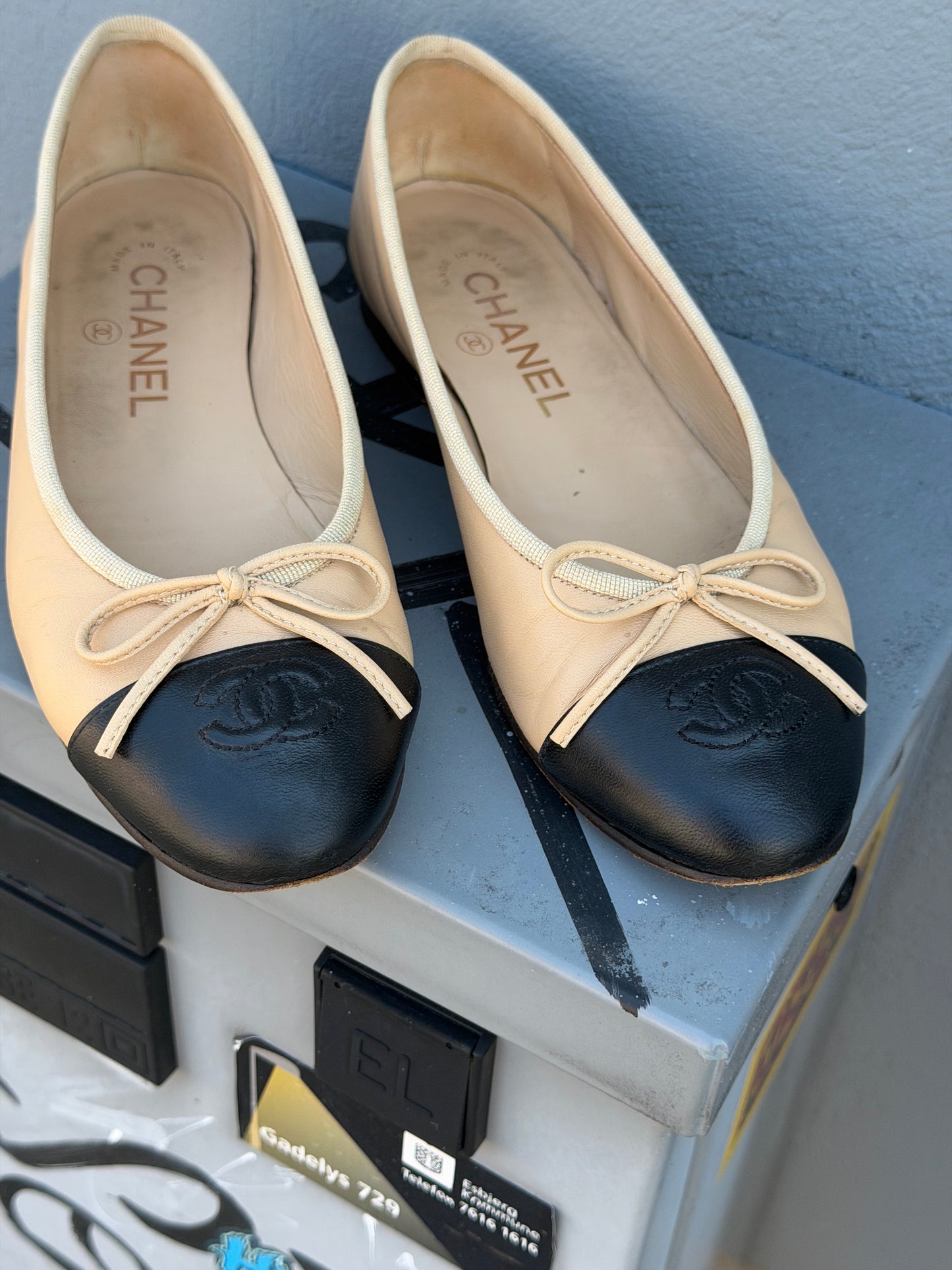 Chanel ballerina flats, beige/sort læder 36,5