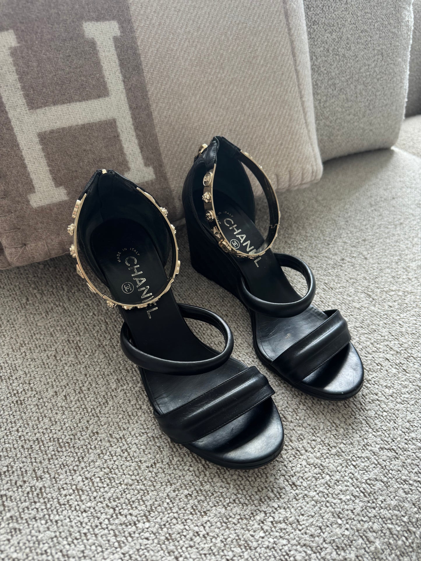 Chanel Black Quilted Bracelet Ankle Strap Wedge Sandals - 37
