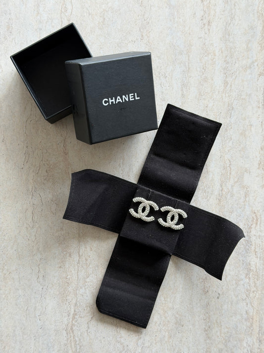 CHANEL Silver Crystal CC Earrings
