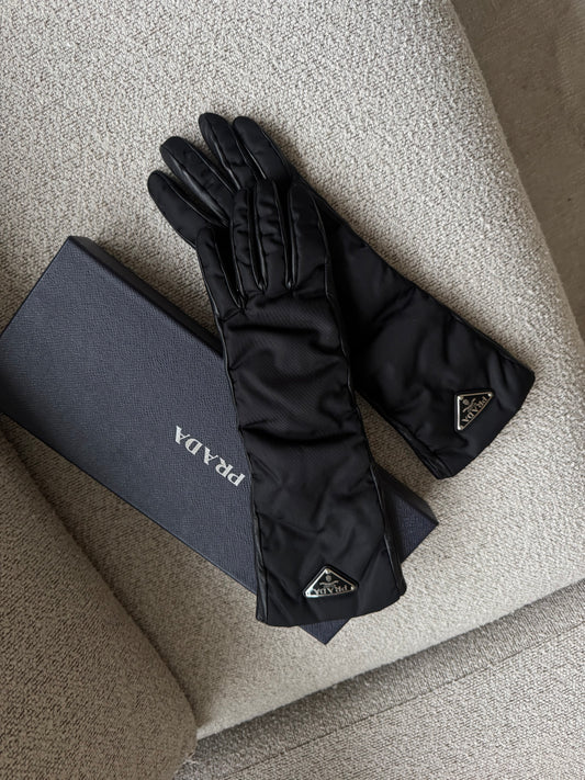 PRADA Long Nylon & Nappa Gloves – Black / Size 7½