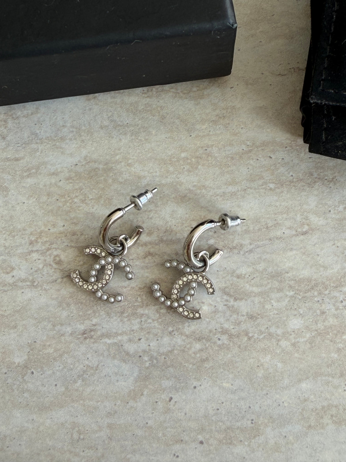 Chanel CC Crystal & Pearl Hoop Earrings