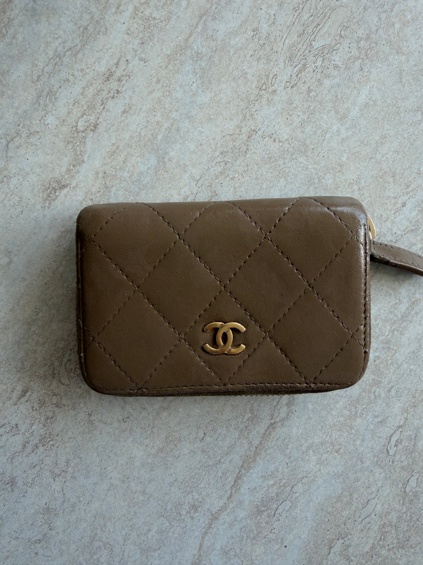 Chanel Taupe zip coin wallet