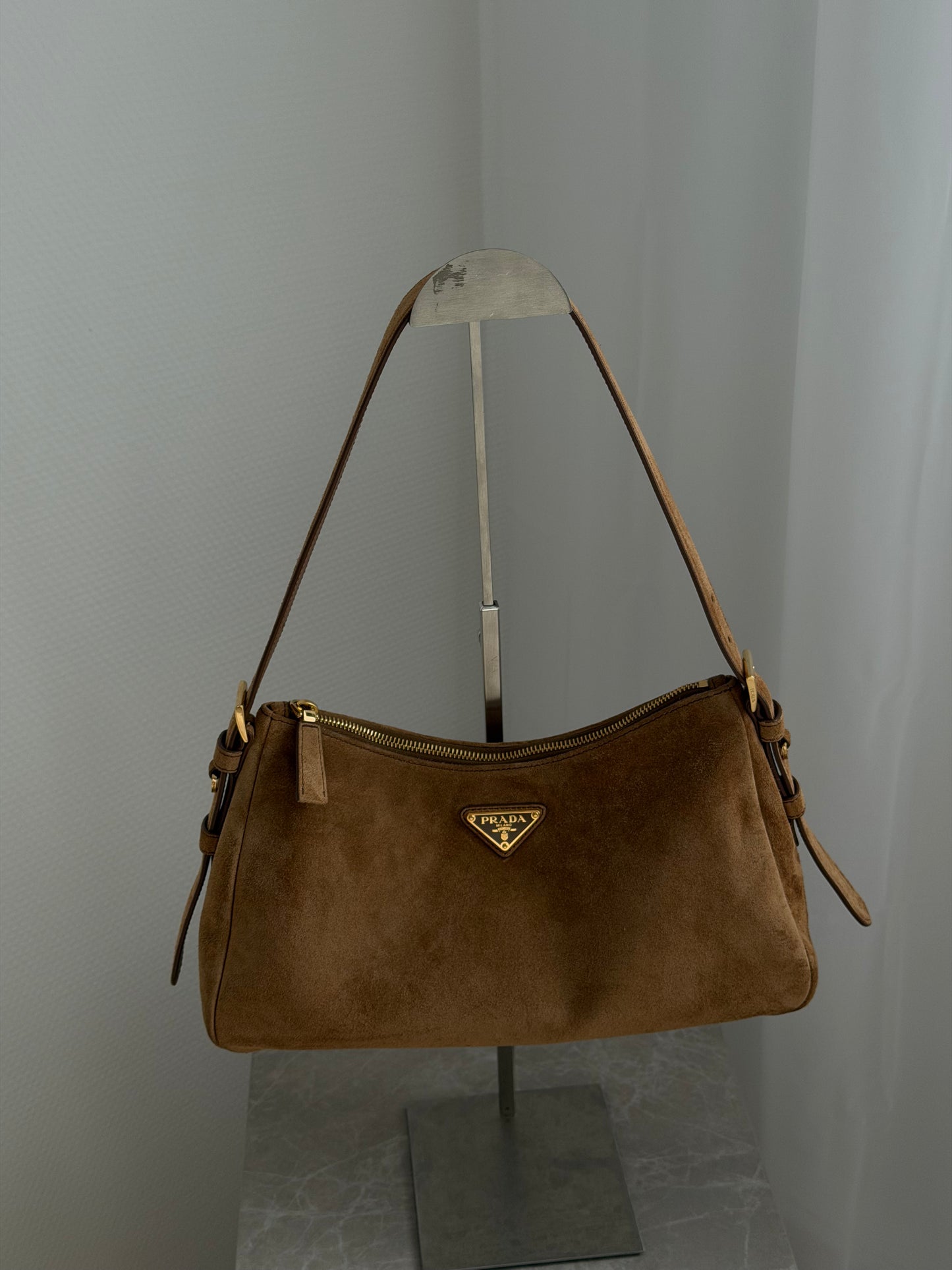 Prada Suede Shoulder Bag – Camel