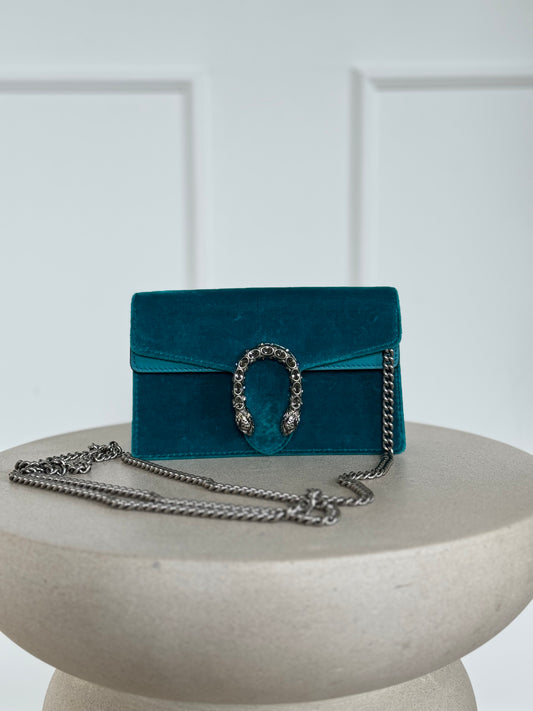 Gucci Velvet Super Mini Dionysus Shoulder Bag Pavone Cyan