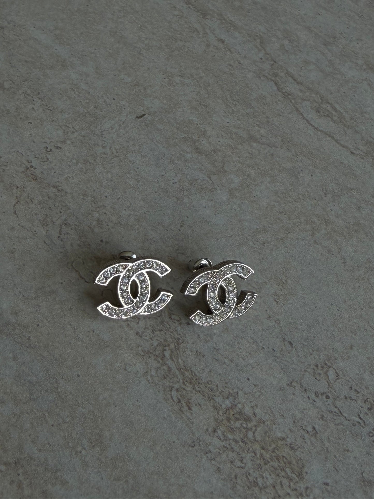 CHANEL CC Crystal Stud Earrings – Silver Tone