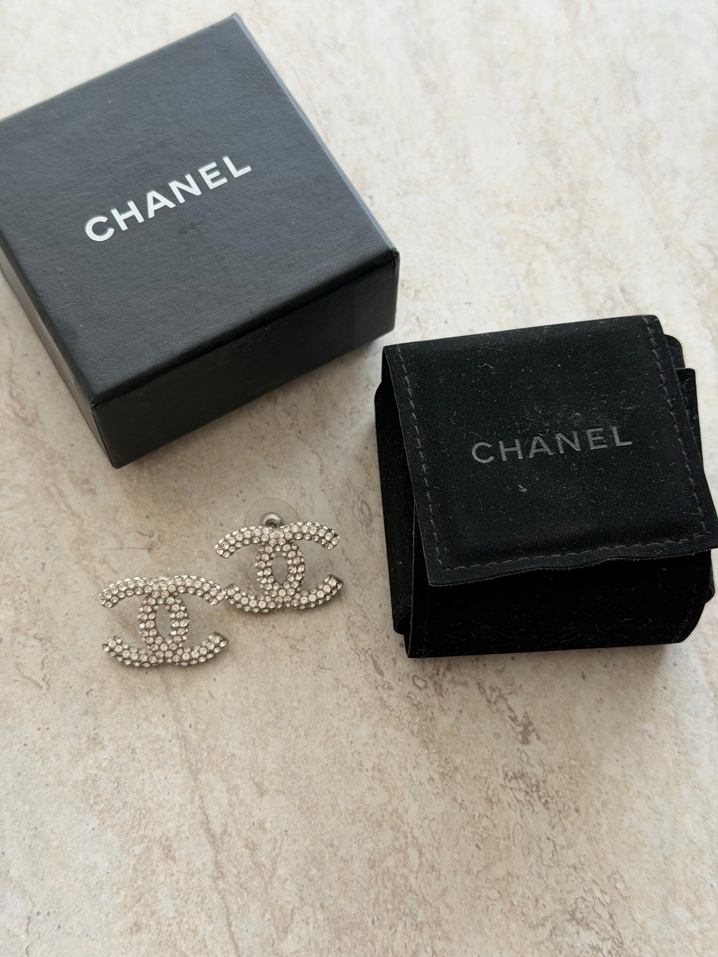 CHANEL Silver Crystal CC Earrings