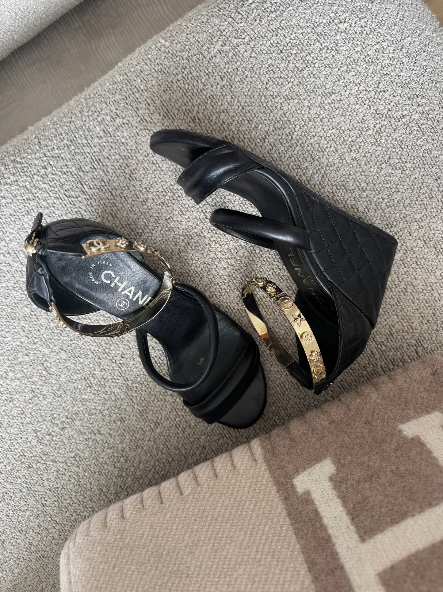 Chanel Black Quilted Bracelet Ankle Strap Wedge Sandals - 37