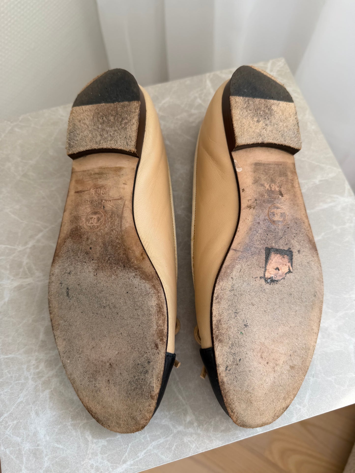 Chanel ballerina flats, beige/sort læder 36,5