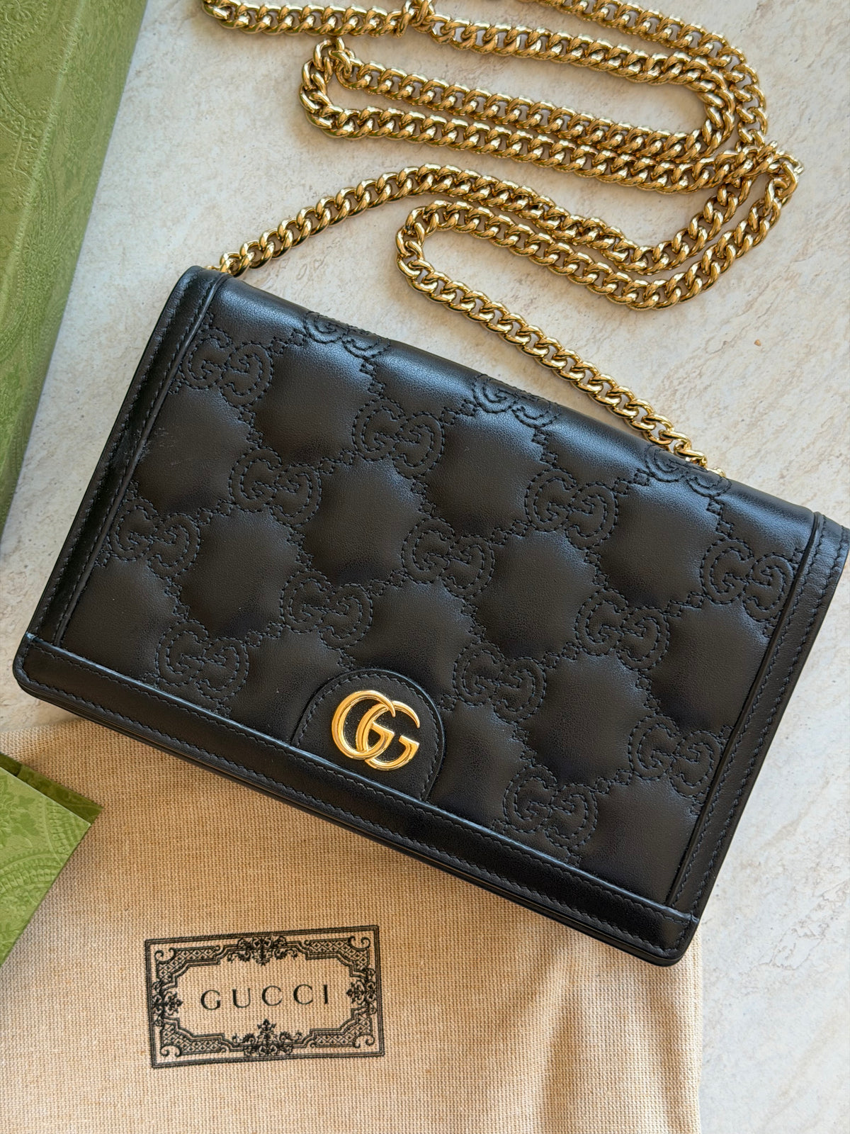Gucci GG Matelassé Leather Chain Wallet – Black