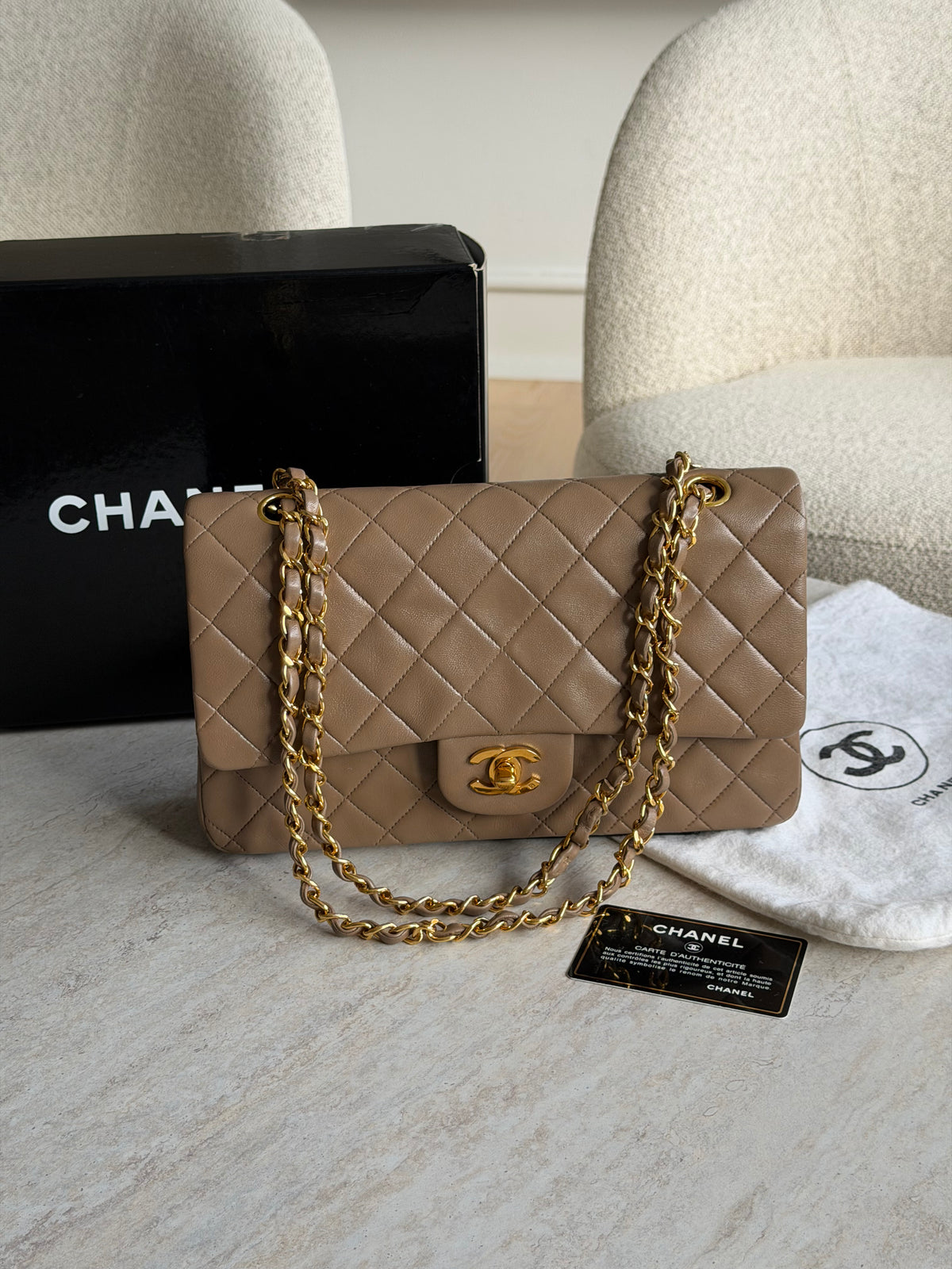 Chanel Medium Classic Double Flap – Taupe / 24K Gold-Plated Hardware