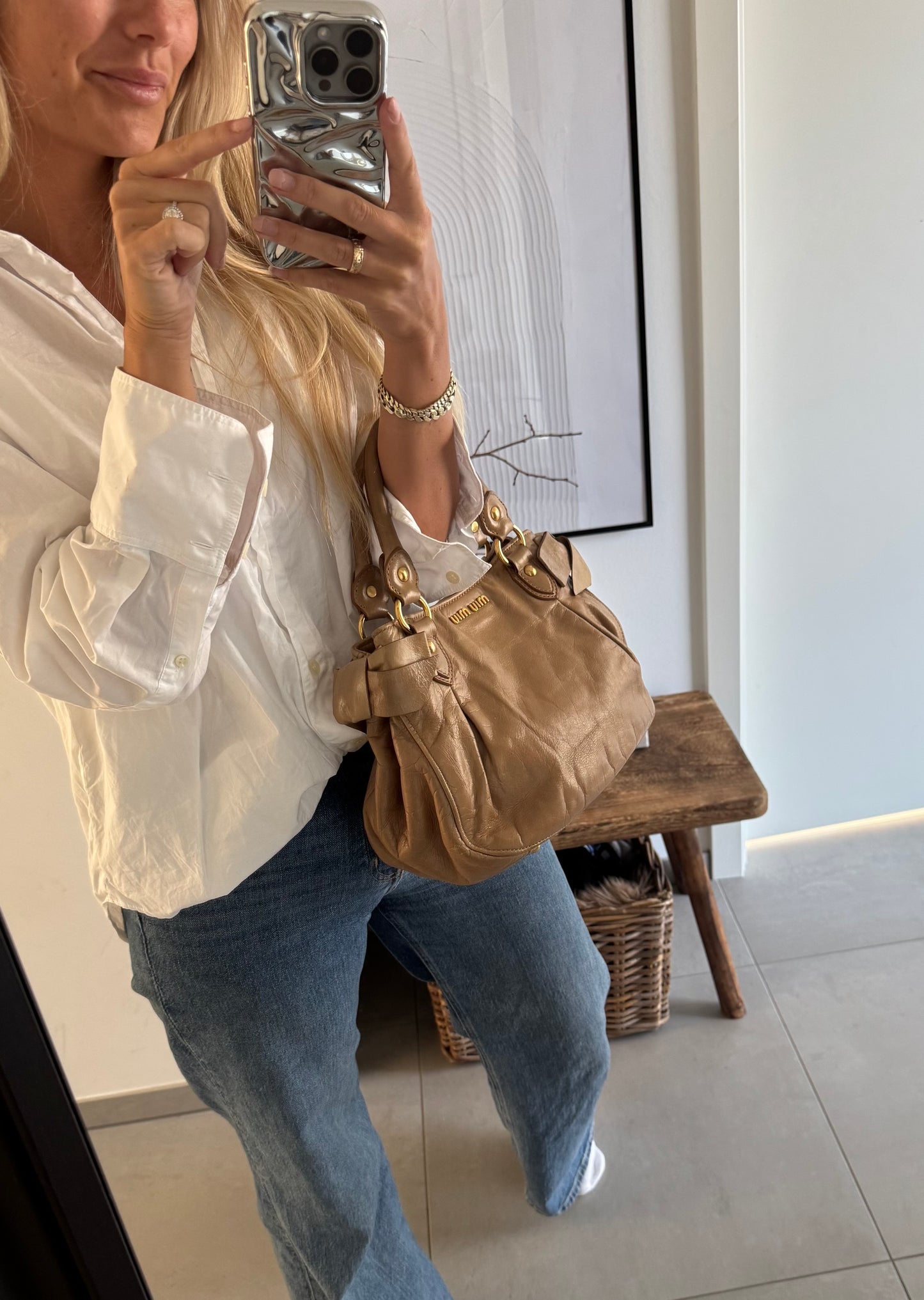 Miu Miu Vitello Bow Bag Beige