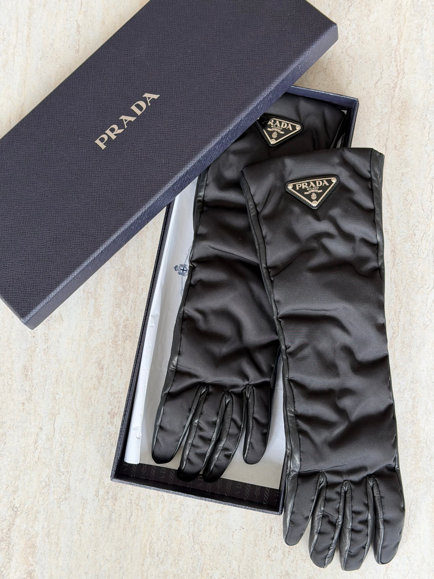 PRADA Long Nylon & Nappa Gloves – Black / Size 7½