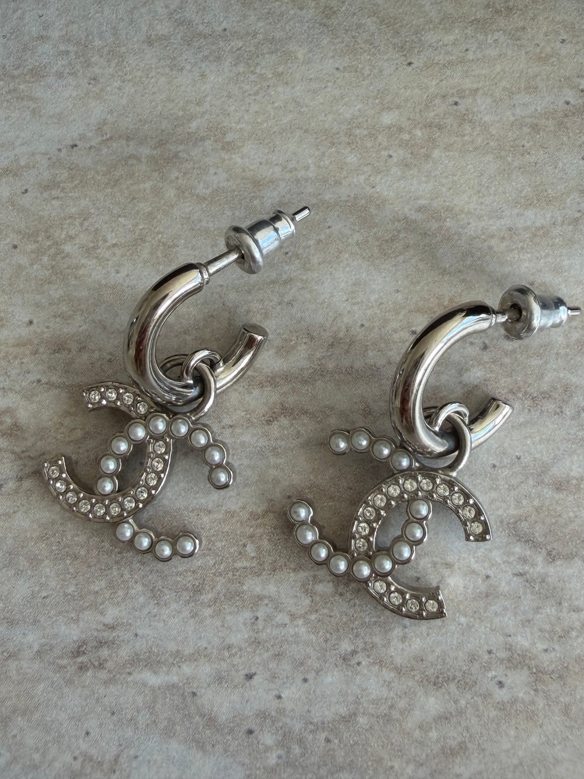 Chanel CC Crystal & Pearl Hoop Earrings