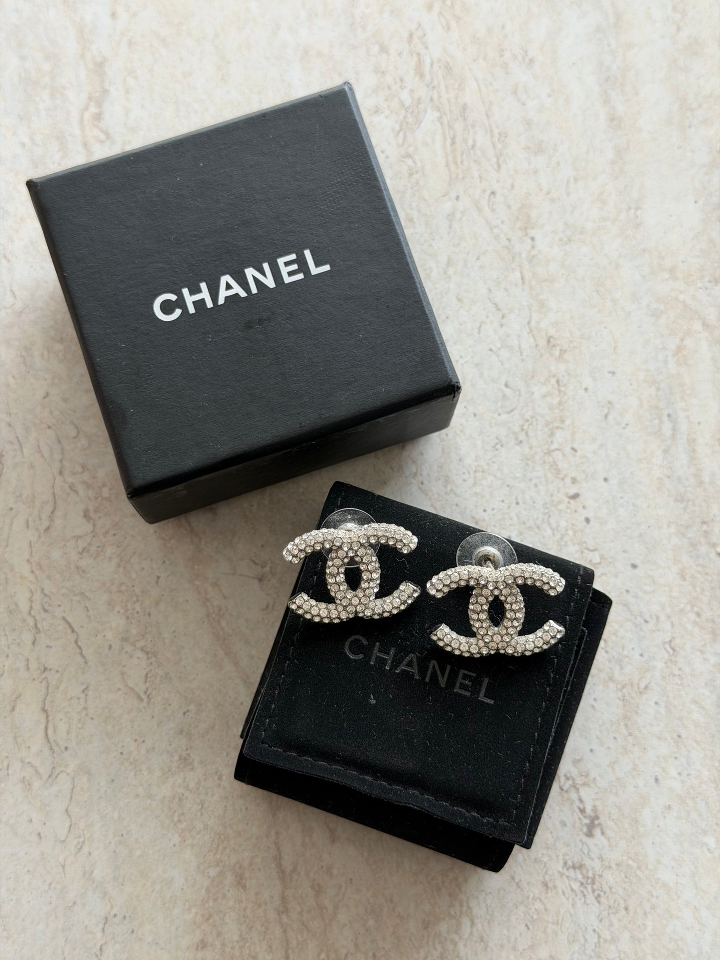 CHANEL Silver Crystal CC Earrings