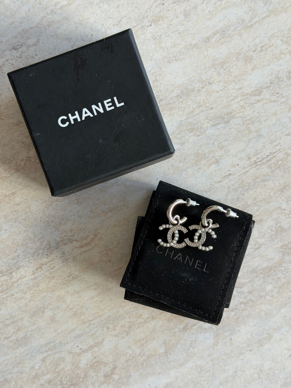 Chanel CC Crystal & Pearl Hoop Earrings