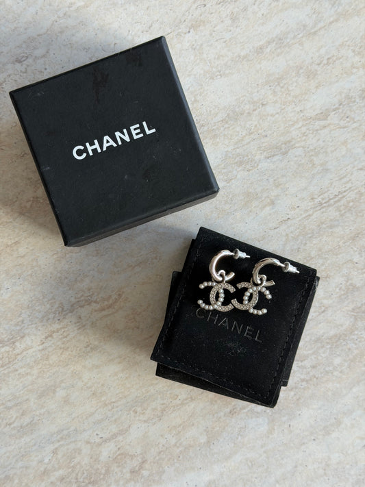 Chanel CC Crystal & Pearl Hoop Earrings