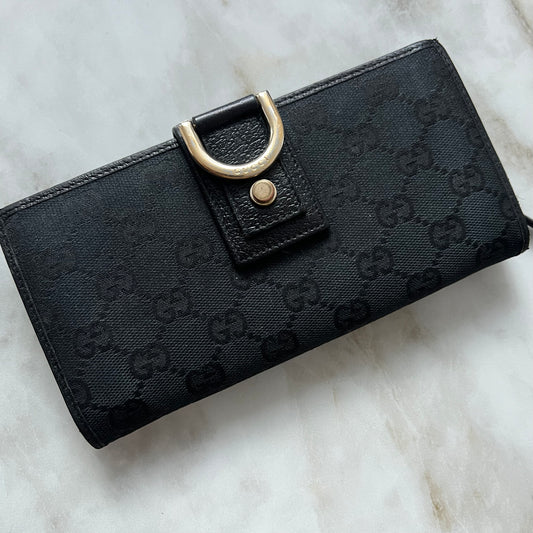 Gucci Black GG Canvas Continental Wallet With Spur Detail
