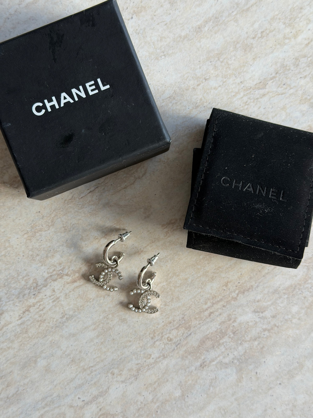Chanel CC Crystal & Pearl Hoop Earrings