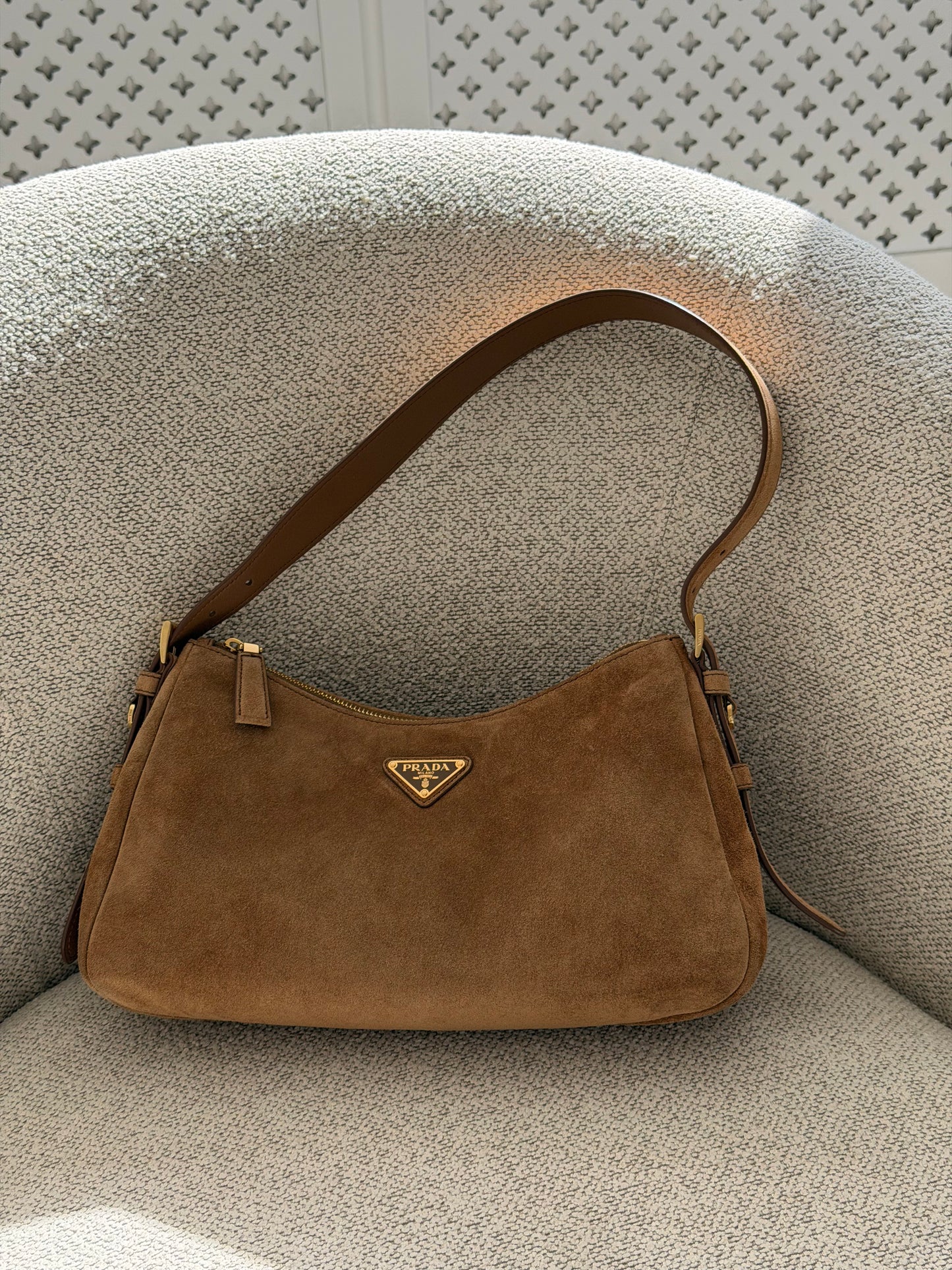 Prada Suede Shoulder Bag – Camel