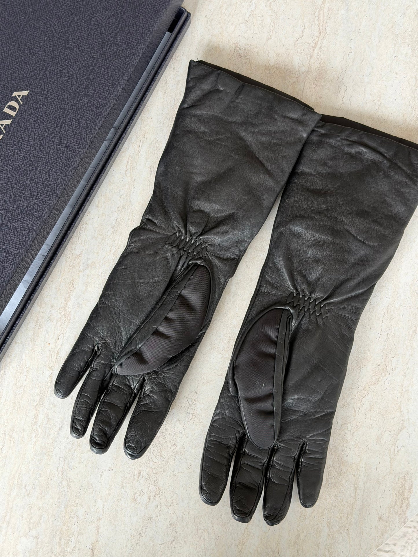 PRADA Long Nylon & Nappa Gloves – Black / Size 7½