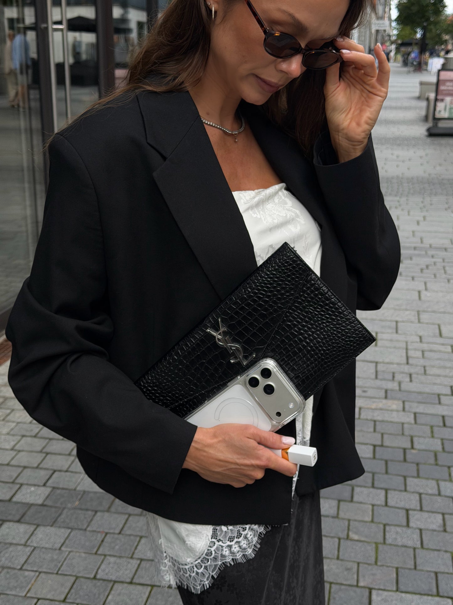 Saint Laurent YSL Kate Black croc Clutch
