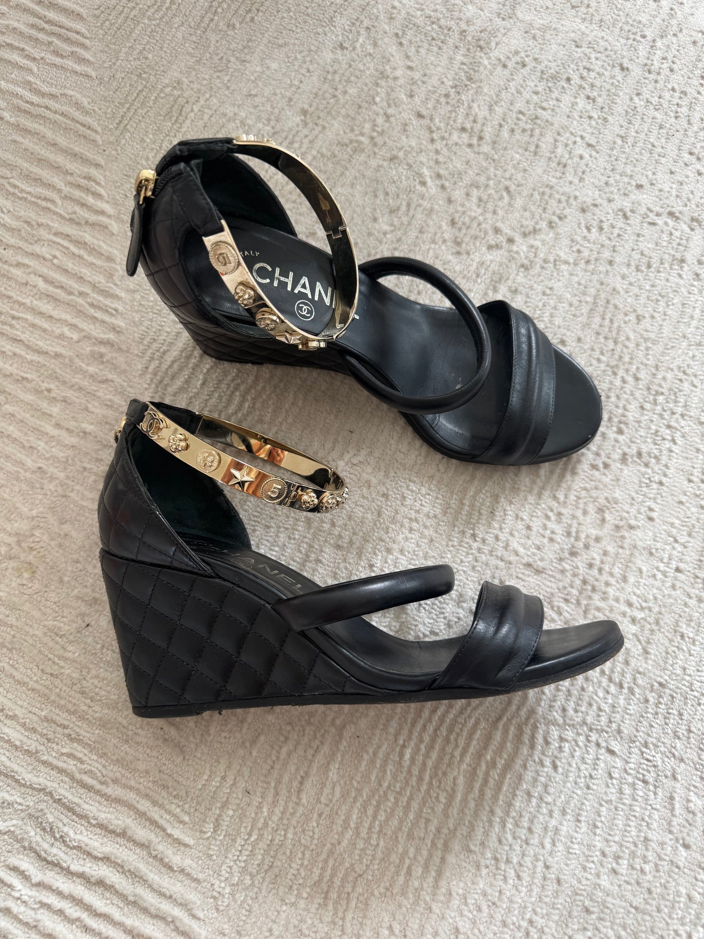 Chanel Black Quilted Bracelet Ankle Strap Wedge Sandals - 37